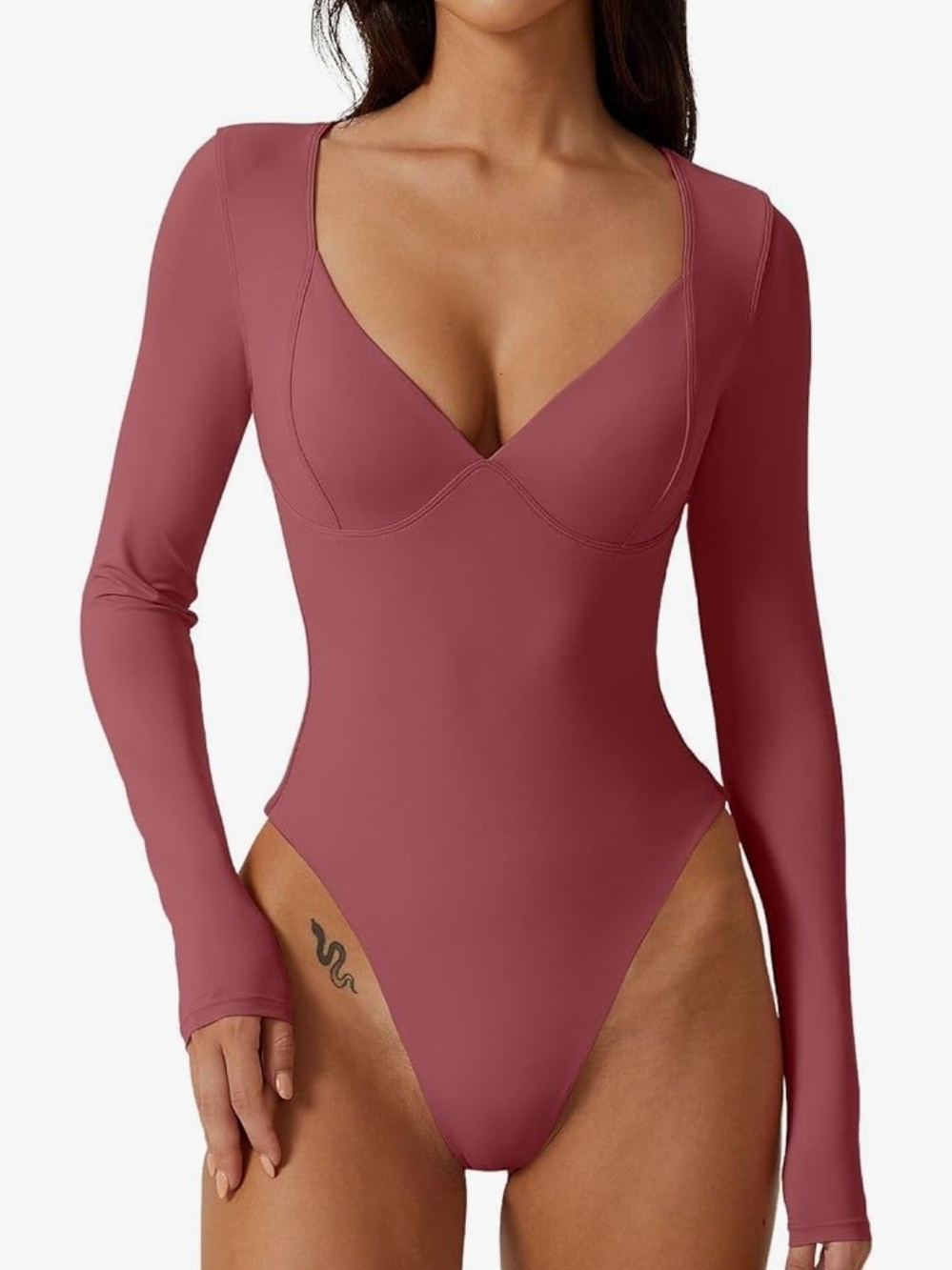 QINSEN Women's Long Sleeve Bodysuit V Neck Body Suits Seamed Cup Going Out Tops